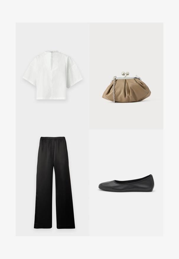 Blouse blanche pour femme à manches courtes avec une fente en V et une coupe ample et rectangulaire, présentée sur un fond uni.; Pantalon noir à jambes larges avec ceinture élastique, tissu lisse, sans poches visibles ni ornements, présenté de face sur un fond uni.; Ballerines en cuir noir avec un bout rond, texture lisse, détails de couture minimalistes et design de semelle flexible.; Pochette en cuir beige clair à la forme arrondie, texture plissée, fermeture à verrou argentée et bandoulière chaîne amovible.