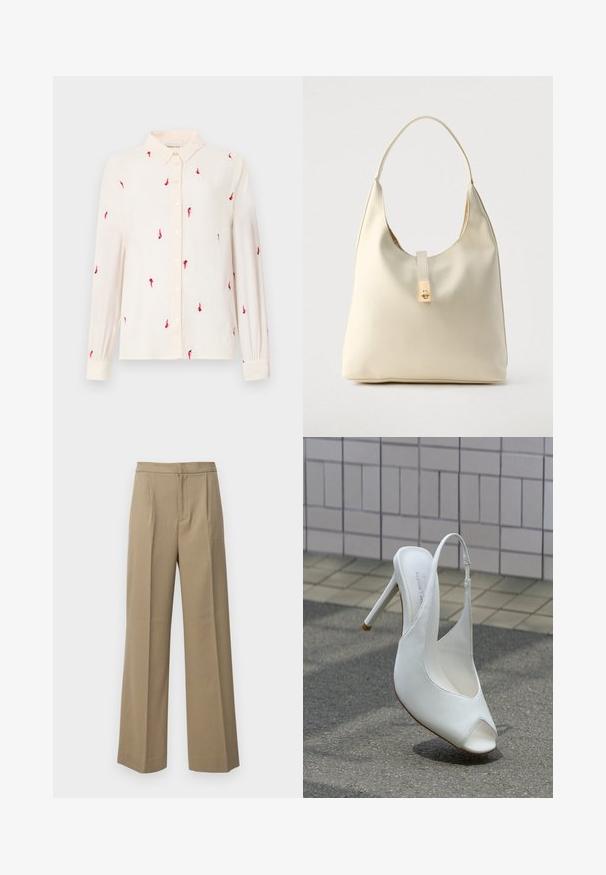 Lichtbeige longsleeve overhemd met een button-down kraag, voorzien van rode vogelborduursels overal en knoopsluitingen aan de voorkant en bij de manchetten.; Beige wijde pantalon gemaakt van een gestructureerde stof. Voorzien van plooien aan de voorkant en een platte tailleband. Geen zichtbare sluitingen of zakken.; Witte hoge hak slingback schoen met open teen op het trottoir voor een betegelde muur, met een schaduw op de grond.; Crèmekleurige leren hobo-tas met een enkele schouderband, een gladde textuur en een goudkleurige sluiting aan de voorkant.