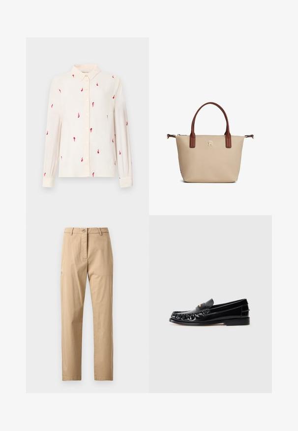 Lys beige langærmet skjorte med knap-til-kollektion, der har rød fuglebroderi over hele skjorten samt knaplukninger på fronten og manchetterne.; Beige chinos med en glat tekstur, lige snit, linning med knaplukning og forlommer. Minimalistisk design uden synlige mønstre.; Sorte læder loafers med rund tå, dekorativ sying og en lille gul accent på vampen. Flad gummisål, slankt design.; Beige mulepose med brune håndtag, lille guldlogo centreret under håndtagene og lynlås lukning øverst.