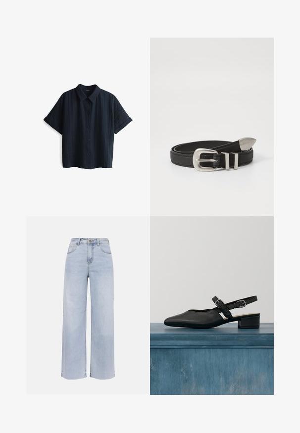 Kurzärmliges Hemd mit Knöpfen in dunkelblau, gefertigt aus einem strukturierten Stoff mit einem dezenten Muster und Kragen sowie blauen Knöpfen in der Mitte.; Hellblaue High-Waist-Jeans mit weitem Bein, vorderem Knopf und Reißverschluss, zwei Taschen vorne und zwei Taschen hinten sowie rohen Saumdetails.; Schwarzer Slingback-Schuh aus Leder mit spitzer Spitze, niedrigem Blockabsatz und zwei verstellbaren Riemen mit silbernen Schnallen. Glatte Textur.; Schwarzer Ledergürtel mit einer silbernen Metallschnalle und doppelten Schlaufenakzenten, mit einer strukturierten Oberfläche und einem sich verjüngenden Ende für einen sicheren Sitz.