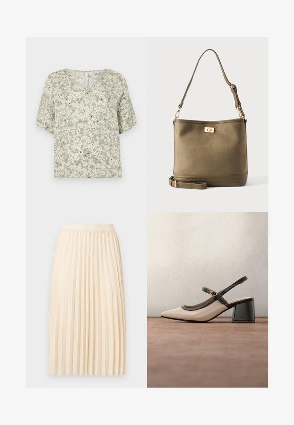 Blusa de manga corta en tela verde claro con patrones florales blancos y acentos negros. Escote en V con un pequeño detalle de ojal en la parte posterior.; Falda midi plisada color crema con una cinturilla ajustada, colgando recta contra un fondo liso.; Zapato beige de tacón alto con tira trasera, puntera puntiaguda, ribete negro y detalle de hebilla. Material liso con acabado mate y tacón medio tipo bloque.; Bolso de mano tipo cubo en verde oliva con correa de hombro ajustable y cierre giratorio dorado en la parte delantera.