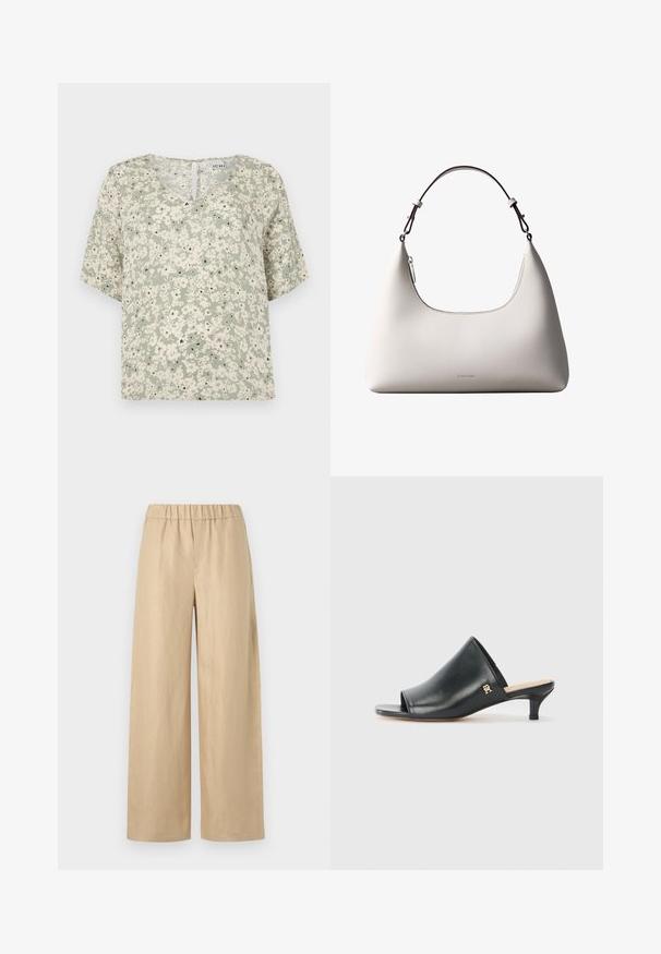 Blusa de manga corta en tela verde claro con patrones florales blancos y acentos negros. Escote en V con un pequeño detalle de ojal en la parte posterior.; Pantalones de pierna ancha en color beige, hechos de una tela ligera. Cuentan con una cinturilla elástica y una textura suave, sin herrajes ni patrones visibles.; Mules de cuero negro de punta abierta con un tacón bajo. Presentan una superficie lisa y un acento del logo dorado en el costado.; Bolso de hombro de cuero color crema de Calvin Klein con borde superior curvado, cremallera plateada y correa ajustable marrón oscuro.
