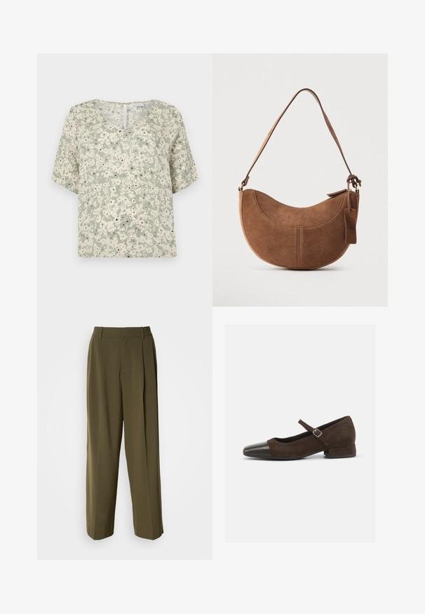 Korte mouwen blouse in lichtgroene stof met witte bloemenpatronen en zwarte accenten. V-hals met een klein sleutelgatdetail aan de achterkant.; Olijfgroene wijde broek van een gladde stof, met een hoge taille, plooien aan de voorkant en zijzakken voor functionaliteit.; Bruine suède Mary Jane-schoen met een zwarte lakleren neuskap, een verstelbare band en een lage blokhak. Gladde textuur met minimale accenten.; Bruine suède handtas met een gebogen, halve maanvorm. Voorzien van een schouderriem, een klein label en zichtbare stiksels langs de randen.