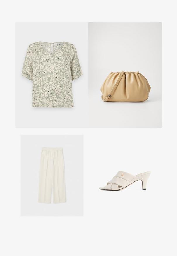 Blusa de manga corta en tela verde claro con patrones florales blancos y acentos negros. Escote en V con un pequeño detalle de ojal en la parte posterior.; Pantalones anchos de tiro alto de color crema, sueltos, con cintura elástica, mostrados extendidos sobre un fondo claro.; Mules de tacón alto beige con diseño de tira de cuero torcida, punta abierta y detalle de logotipo en relieve. El tacón tiene un detalle en punta negra.; Bolso de piel color marrón claro con un diseño plisado, correa ajustable y forma redondeada. Marca minimalista en la superficie frontal.