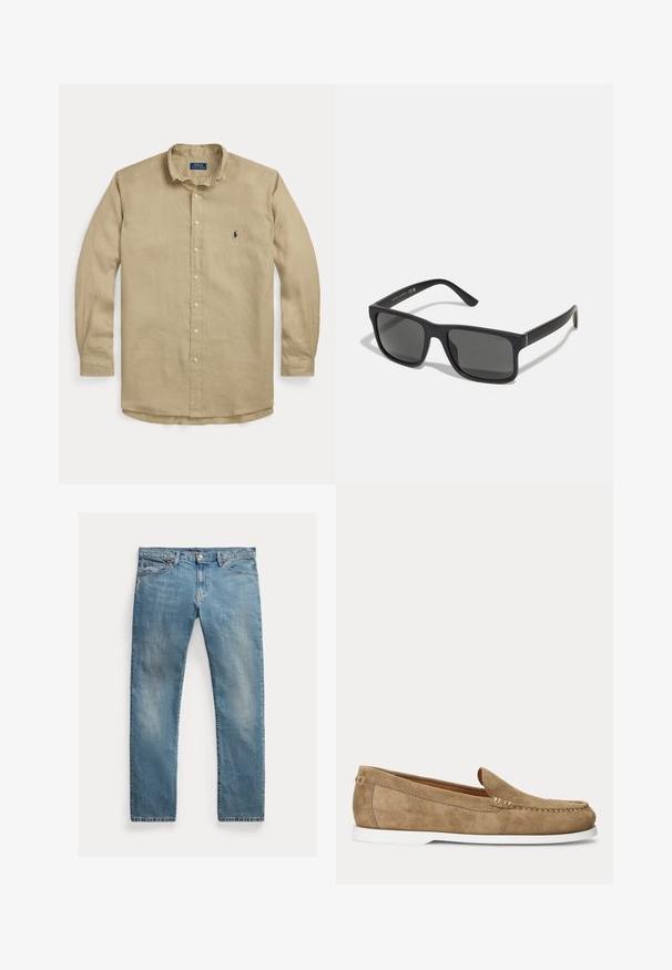 Beige langärmliges Hemd zum Knöpfen mit Kragen, vorderen Knöpfen und kleinem dunkelblau besticktem Logo auf der linken Brust.; Hellblaue Jeans aus Denim mit geradem Schnitt, Knopfverschluss, fünf Taschen, dezenten Verblassungen und kontrastierenden Nähten.; Hellbrauner Wildleder-Mokassin im Mokassin-Stil mit weißer Sohle und sichtbarer Naht entlang der Vorderseite und Seiten, seitlich gezeigt.; Schwarze rechteckige Sonnenbrille mit dunklen Gläsern und matter Oberfläche. Enthält das eingeprägte "POLO"-Logo an den Bügeln und ein robustes Rahmendesign.