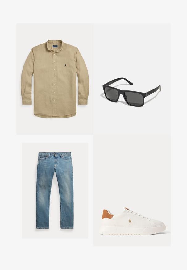 Beige langærmet skjorte med knapper, krave, forreste knapper og lille mørkeblå broderet logo på venstre bryst.; Lyseblå denimjeans med lige snit, knaplynlås, fem lommer, diskret slid og syninger som detalje.; Hvid lavtop sneaker med tan hælfane, hvide snørebånd og lille broderet polo-spiller logo på siden over en tyk sål.; Sorte rektangulære solbriller med mørke linser og mat finish. Har et præget "POLO"-logo på stængerne og et robust rammedesign.