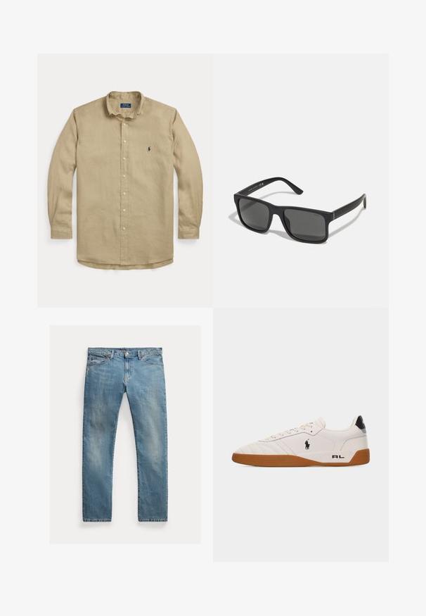 Beige langärmliges Hemd zum Knöpfen mit Kragen, vorderen Knöpfen und kleinem dunkelblau besticktem Logo auf der linken Brust.; Hellblaue Jeans aus Denim mit geradem Schnitt, Knopfverschluss, fünf Taschen, dezenten Verblassungen und kontrastierenden Nähten.; Weißer Sneaker mit niedrigem Schaft, brauner Gummisohle, schwarzem Polo Ralph Lauren-Logo an der Seite und "RL"-Schriftzug im Fersenbereich.; Schwarze rechteckige Sonnenbrille mit dunklen Gläsern und matter Oberfläche. Enthält das eingeprägte "POLO"-Logo an den Bügeln und ein robustes Rahmendesign.