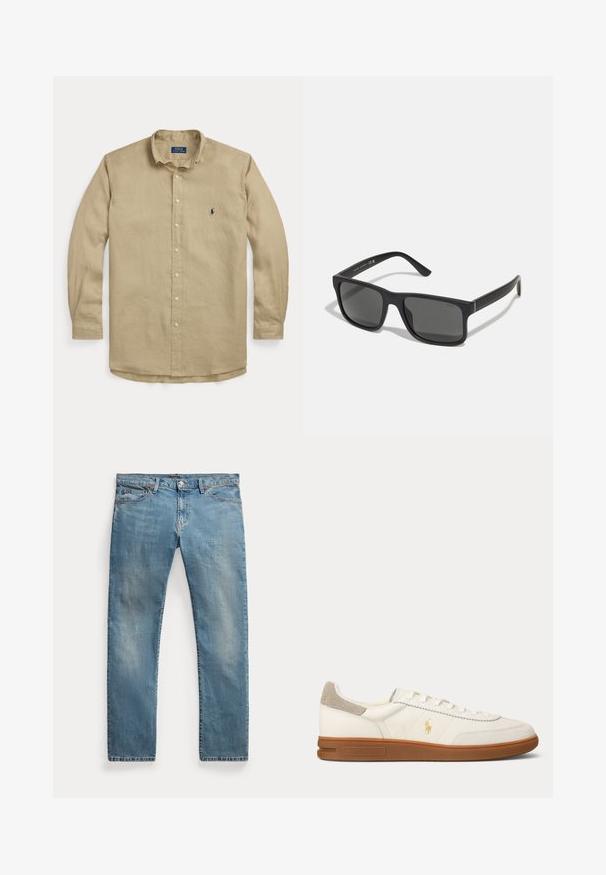 Beige langærmet skjorte med knapper, krave, forreste knapper og lille mørkeblå broderet logo på venstre bryst.; Lyseblå straight-leg denim jeans med forlommer, bæltestropper, knaplukning og let falmede detaljer.; Hvid læder lav sko med brun gummi sål, beige ruskind hæl patch og lille gyldent Polo-logo på siden.; Sorte rektangulære solbriller med mørke linser og mat finish. Har et præget "POLO"-logo på stængerne og et robust rammedesign.