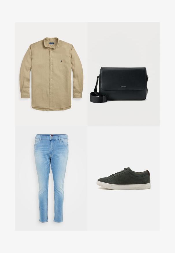 Beige, pitkähihainen nappipaita kauluksella, napit edessä ja pieni tummansininen kirjailtu logo vasemmassa rinnassa.; Vaaleansiniset farkut, joissa on slim fit -malli, viisi taskua ja haalistus tuo tyyliä; varustettu napillisella suljennalla ja vyölenkeillä.; Tummanharmaat mokkanahkakengät, joissa on pyöreä kärki, valkoinen kumipohja ja nauhoitusdesign. Ruskea yksityiskohta kannassa. Tasainen pinta, minimalistinen tyyli.; Musta nahkainen olkalaukku, jossa on teksturoiduilla yksityiskohdilla, säädettävä hihna ja etukannessa hillitty logo. Kompakti ja suorakulmainen muoto.