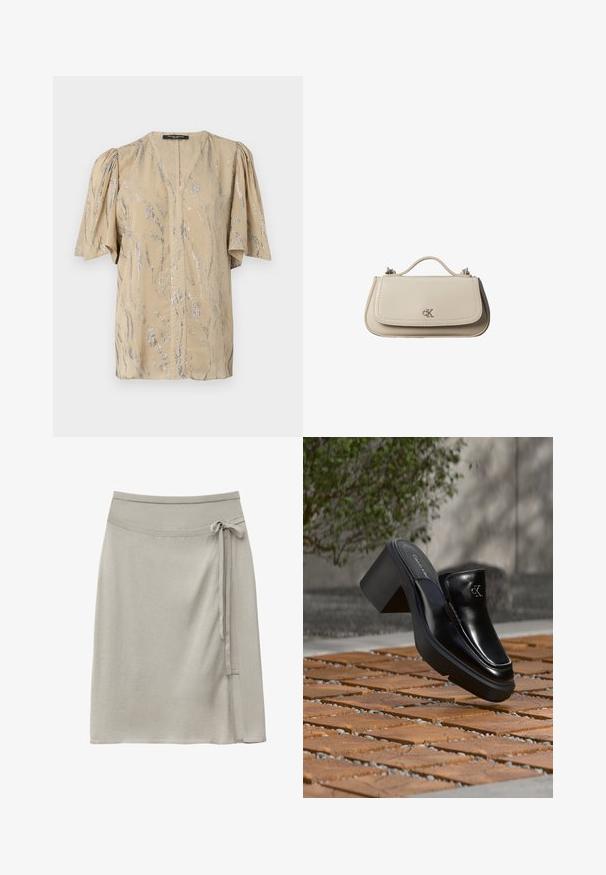 Haut beige avec des manches courtes et bouffantes, présentant un décolleté en V et un motif en vagues argentées scintillantes sur l'ensemble, fabriqué en matériau léger.; Jupe portefeuille gris clair longueur genou avec un nœud sur le côté et une large ceinture côtelée, réalisée en tissu doux et lisse.; Mule slip-on en cuir noir Calvin Klein avec talon bloc reposant sur des carreaux en bois à l'extérieur près d'une plante verte et d'un mur gris.; Petit sac à main en cuir beige avec poignée supérieure et logo CK argenté sur le rabat avant, présenté sur fond blanc.