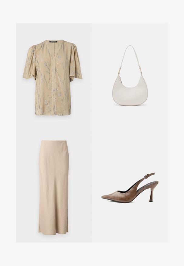 Haut beige avec des manches courtes et bouffantes, présentant un décolleté en V et un motif en vagues argentées scintillantes sur l'ensemble, fabriqué en matériau léger.; Samsøe Samsøe AGNETA LONG SKIRT - Jupe longue - white pepper; Chaussure slingback en cuir marron à talons hauts, bout pointu, bride ajustable à boucle et talon fin et effilé.; Sac épaule en cuir crème en forme de croissant, avec une fine sangle et des détails de coutures subtils. Design minimaliste avec des accents en métal doré.