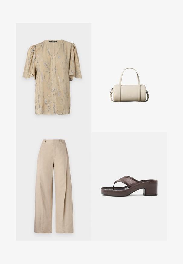 Haut beige avec des manches courtes et bouffantes, présentant un décolleté en V et un motif en vagues argentées scintillantes sur l'ensemble, fabriqué en matériau léger.; Pantalons larges en lin beige à taille haute, avec une texture lisse et des lignes épurées, conçus pour un ajustement décontracté.; Sandale marron à talon avec lanière en mesh et design en tige, dotée d'un talon bloc et d'une semelle cousue, présentée de profil sur fond blanc.; Petit sac à main cylindrique beige en cuir avec deux poignées, une bandoulière amovible et le logo Calvin Klein à l'avant.