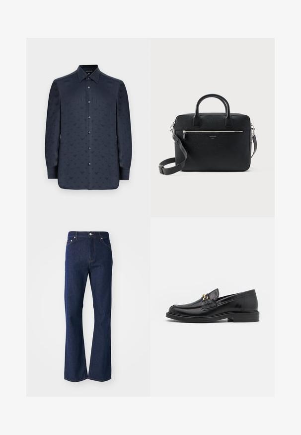 Camisa azul marino de manga larga con botones, que presenta un patrón texturizado de pequeñas formas en V en toda su superficie, hecha de una tela suave.; Jeans acampanados de color azul oscuro fabricados en denim. Presentan cinco bolsillos, un cierre frontal con cremallera y un botón metálico. Acentos de costura clásica.; Mocasines de cuero negro con punta redondeada, que cuentan con un detalle de herrajes dorados y costuras, situados sobre una suela de goma texturizada y baja.; Maletín rectangular de cuero negro con textura, con doble asa, bolsillo frontal con cremallera y correa de hombro ajustable, mostrado sobre fondo blanco.