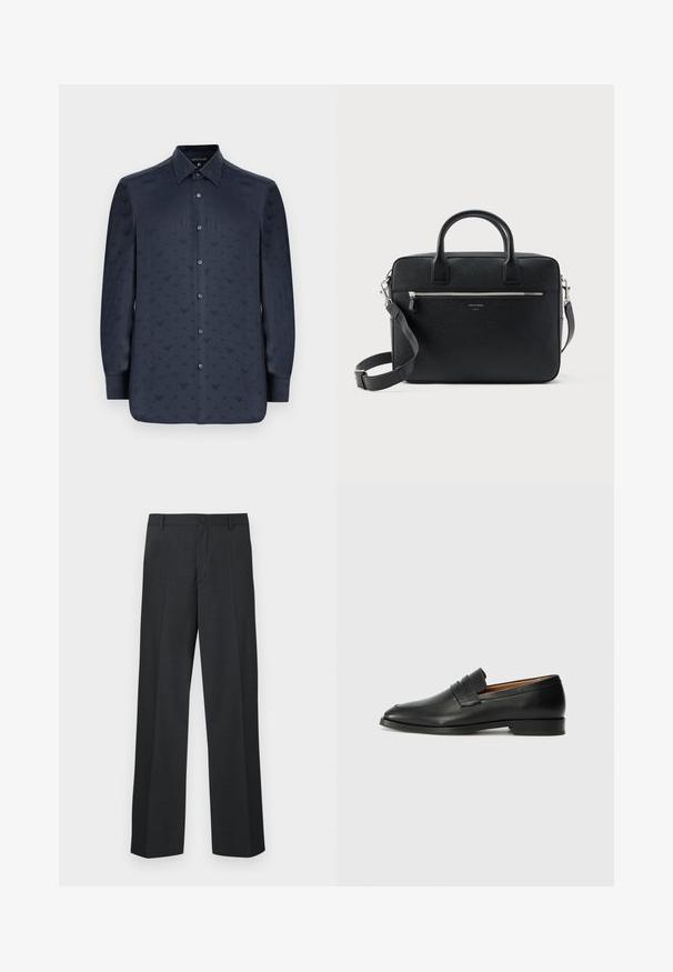 Camisa azul marino de manga larga con botones, que presenta un patrón texturizado de pequeñas formas en V en toda su superficie, hecha de una tela suave.; Pantalones gris oscuro con diseño de pierna recta, hechos de tela texturizada, con cierre de un solo botón y bolsillos laterales.; Mocasín de cuero negro con punta redonda, detalles de costura sutil y un tacón bajo, que presenta una textura suave y un diseño minimalista.; Maletín rectangular de cuero negro con textura, con doble asa, bolsillo frontal con cremallera y correa de hombro ajustable, mostrado sobre fondo blanco.