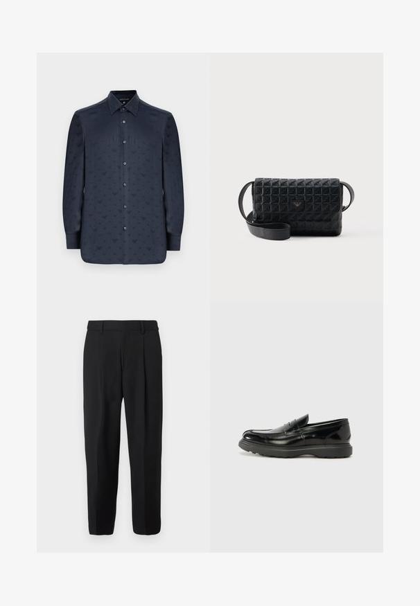 Camisa azul marino de manga larga con botones, que presenta un patrón texturizado de pequeñas formas en V en toda su superficie, hecha de una tela suave.; Pantalones negros con un diseño de pierna recta, confeccionados en tejido tejido, con frente plano, trabillas para cinturón y dos bolsillos laterales.; Mocasín de cuero negro con un acabado brillante, punta redondeada, detalles de costura sutiles y una suela de goma gruesa para mayor durabilidad.; Bolso bandolera negro con textura, cierre de solapa y un pequeño logo metálico en el frente, mostrado sobre un fondo liso.