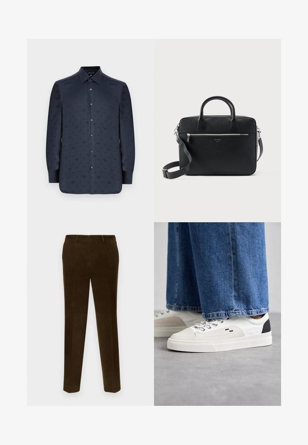 Mørkeblå button-up skjorte med lange ærmer, der har et struktureret mønster af små V-former overalt, lavet af glat stof.; Brune kordfløjtede bukser med vertikal ribdetekstur, lige ben-design, to sidelommer og subtile bælteløkker i taljen.; Hvide og sorte sneakers med en glat læderoverdel, teksturerede detaljer og en kraftig hvid sål. Har et klassisk snørebåndsdesign.; Sort struktureret rektangulær lædermappe med dobbelthåndtag, lynlåslomme foran og justerbar skulderrem vist på hvid baggrund.