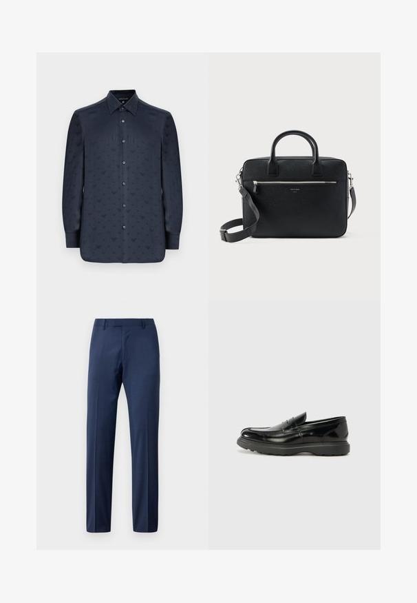 Camisa azul marino de manga larga con botones, que presenta un patrón texturizado de pequeñas formas en V en toda su superficie, hecha de una tela suave.; Pantalones de traje de hombre en azul marino, ajustados, con pasadores para cinturón y cierre de cremallera en la parte delantera, exhibidos sobre un fondo blanco.; Mocasín de cuero negro con un acabado brillante, punta redondeada, detalles de costura sutiles y una suela de goma gruesa para mayor durabilidad.; Maletín rectangular de cuero negro con textura, con doble asa, bolsillo frontal con cremallera y correa de hombro ajustable, mostrado sobre fondo blanco.