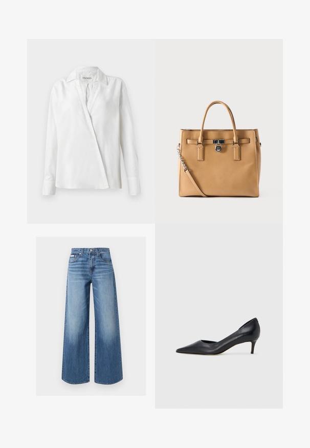 Witte langemouwen shirt van gladde stof, met een gekraagde halslijn en een diagonale sluiting aan de voorkant met een licht losse pasvorm.; Blauwe wijde denim jeans met vooraan een knoop en rits, vijfzakkenmodel en subtiele vervaagde details op de dijen en knieën.; Zwarte leren pump met een puntige neus en lage hak. Heeft een gladde textuur en een subtiele glans. Open uitsparing aan de voorkant voor extra detail.; Cognackleurige leren handtas met twee handvatten, een afneembare schouderriem met kettingdetail en een centrale zilveren sluitsluiting.