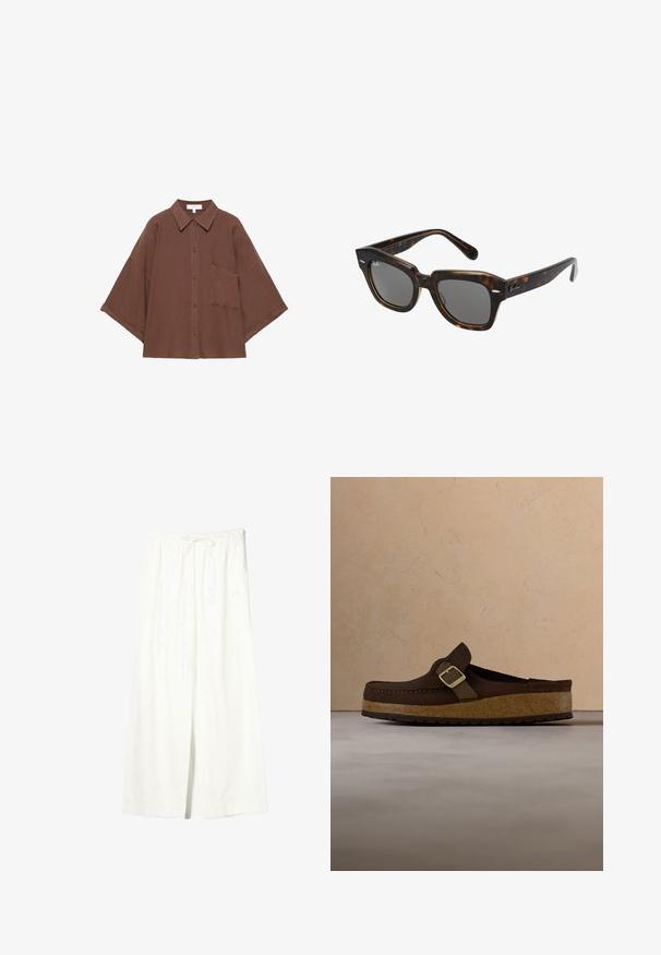 Chemise marron oversize à boutons avec larges manches 3/4, col pointu et poche poitrine unique.; Pantalon en lin blanc à jambes larges avec taille élastique et cordon de serrage, doté de poches latérales et d'une fente à l'avant.; Mocassin en daim marron avec semelle en liège et boucle dorée, flottant au-dessus d'un tapis beige texturé, proche d'une table basse en bois avec des livres.; Lunettes de soleil rectangulaires avec une monture en plastique écaille de tortue, verres sombres et accents en métal argenté sur les côtés. Fabriquées en Italie.