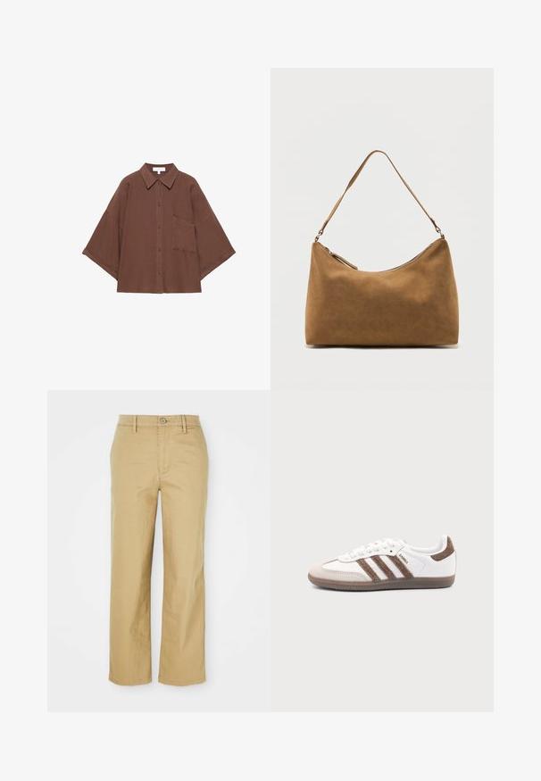 Chemise marron oversize à boutons avec larges manches 3/4, col pointu et poche poitrine unique.; Pantalons en coton beige avec une coupe droite. Comprend une fermeture à bouton, des passants de ceinture et des poches avant, texture légère.; Baskets Adidas Samba blanches avec des bandes en daim marron, semelle en caoutchouc marron et bout en daim beige, vues du côté extérieur sur un fond uni.; Sac à bandoulière en daim marron avec une seule sangle et une fermeture éclair supérieure, présenté sur un fond blanc uni.