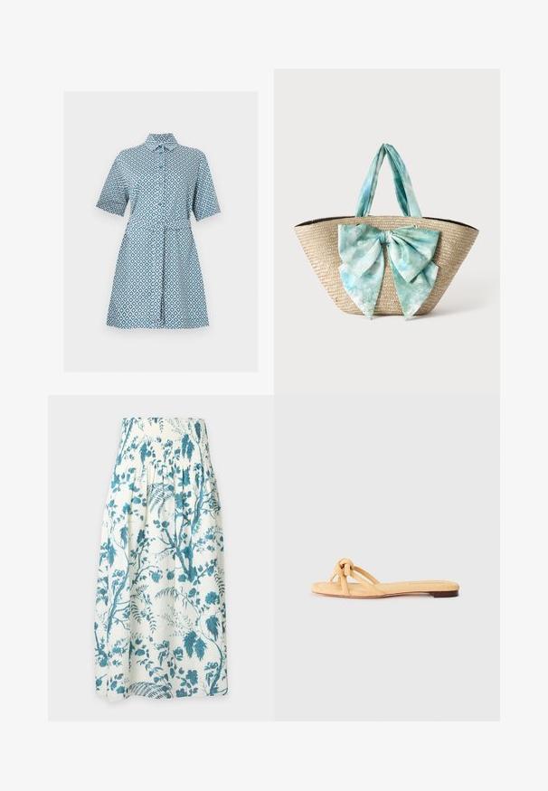 Robe à manches courtes boutonnée avec motif géométrique bleu et blanc et col, longueur genou avec ceinture à nouer à la taille.; Jupe blanche à taille smockée haute, avec un motif imprimé floral et de vigne bleu, présentée sur un fond uni gris clair.; Sandale plate tissée jaune avec deux brides entrecroisées, un détail noué à l'avant et une semelle basse marron.; Sac cabas en paille tressée avec de larges anses en tissu tie-dye bleu clair et blanc et un grand nœud assorti en tissu à l'avant.