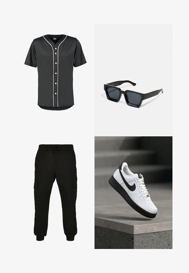 Zwart baseball shirt met korte mouwen van gladde stof. Voorzien van witte knopen en contrasterende witte bies langs de voorkant en kraag.; Zwarte cargobroek gemaakt van zachte stof, met een elastische tailleband met trekkoord, zijzakken en taps toelopende boorden.; Witte leren sneaker met zwarte accenten, afgeronde neus en geperforeerde details. Zwarte rubberen zool met een gestructureerd patroon en vetersluiting.; Zwarte rechthoekige zonnebril met donkere lenzen. Dikke, gladde kunststof montuur met een licht glanzende afwerking en rechte veren.
