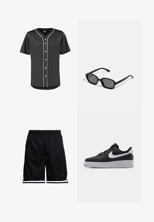 Schwarzes Baseball-Trikot mit kurzen Ärmeln aus glattem Stoff. Verfügt über weiße Knöpfe und kontrastierende weiße Paspelierung entlang der Vorderseite und des Kragens.; Schwarze Sportshorts mit elastischem Bund, seitlichen Reißverschlusstaschen und weißem Streifendetail am Saum.; Schwarze Ledersneaker mit strukturierten Oberflächen, weißem Nike-Swoosh, grauer Sohle, runder Zehenpartie und Schnürdesign. Verfügt über Perforationen an der Zehenbox.; Zign by Zalando Sonnenbrille - black