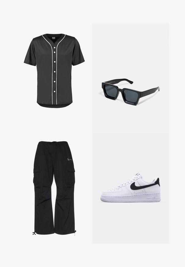 Zwart baseball shirt met korte mouwen van gladde stof. Voorzien van witte knopen en contrasterende witte bies langs de voorkant en kraag.; Zwarte cargobroek van lichtgewicht stof, met een elastische tailleband met koord, zijzakken en verstelbare manchetten.; Witte leren sneaker met een gestructureerde zwarte Swoosh, platte veters en een rubberen zool met een geribbeld patroon. "AIR" is in de hak geperst.; Zwarte rechthoekige zonnebril met donkere lenzen. Dikke, gladde kunststof montuur met een licht glanzende afwerking en rechte veren.