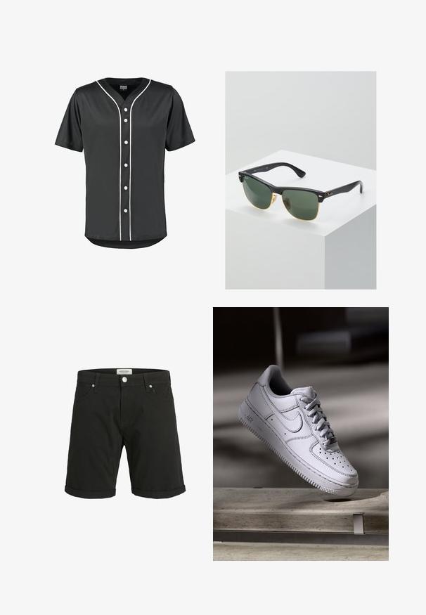 Schwarzes Baseball-Trikot mit kurzen Ärmeln aus glattem Stoff. Verfügt über weiße Knöpfe und kontrastierende weiße Paspelierung entlang der Vorderseite und des Kragens.; Schwarze Jeans-Shorts mit aufgerollten Säumen, Gürtelschlaufen, vorderer Knopfleiste, Reißverschluss und seitlichen Taschen, mit der Marke Jack & Jones.; Weißer Nike Air Force 1 Sneaker aus Leder mit perforierter Zehenpartie, flachen Schnürsenkeln und strukturierter Gummisohle mit "AIR"-Branding an der Seite.; Ray-Ban Sonnenbrillen mit grünen Gläsern, schwarzen Kunststoffrahmen und goldenen Akzenten an den Rändern. Quadratische Form mit matter Oberfläche.
