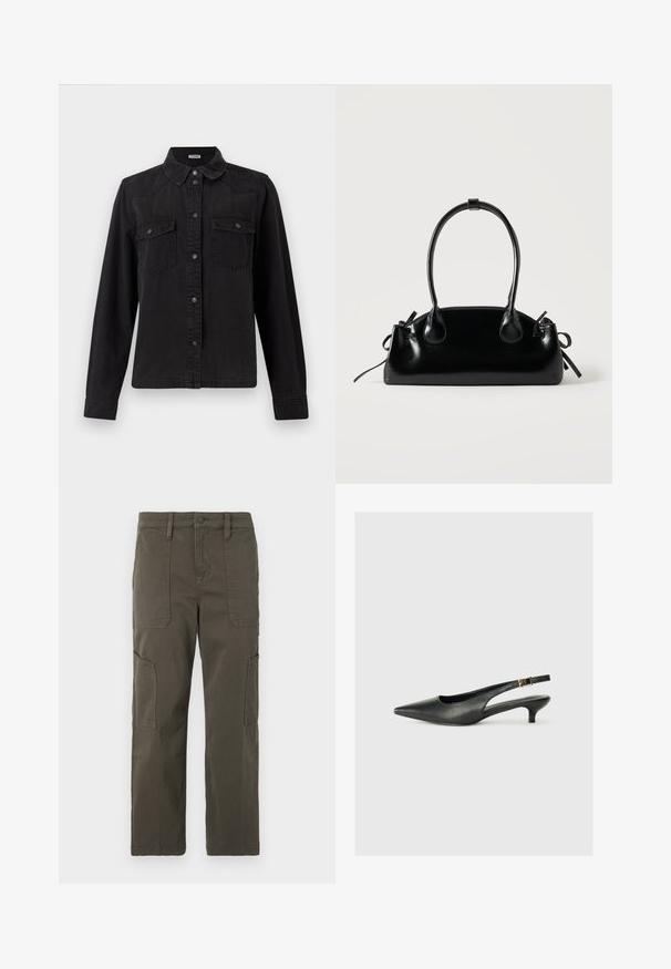 Sort denim skjorte med knapper og lange ærmer, to brystlommer med klap og en klassisk krave på en hvid baggrund.; Good American CROPPED PANTS - Cargobukser - fatigue; Sorte spidse slingback-sko lavet af glat læder. Har en tynd hæl og en spænde detalje på den justerbare rem.; Lille sort blank håndtaske med to lange håndtag og snøre-detaljer i siden på en ensfarvet lys baggrund.