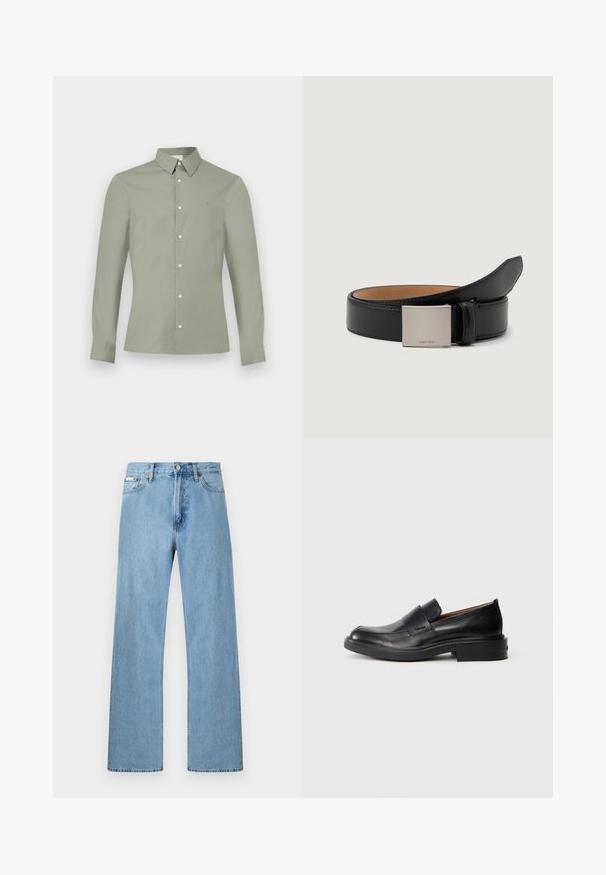 Chemise à manches longues vert clair avec col boutonné et boutons blancs, présentée sur un fond blanc uni.; Jean en denim bleu clair coupe droite à cinq poches avec fermeture à boutons à la taille, présenté sur un fond uni.; Chaussure habillée noire en cuir, à enfiler, avec un petit talon et un logo Calvin Klein discret sur le côté, présentée de profil sur un fond blanc.; Ceinture en cuir noir au fini lisse, avec une boucle carrée en argent gravée "Calvin Klein" et une doublure intérieure en marron.