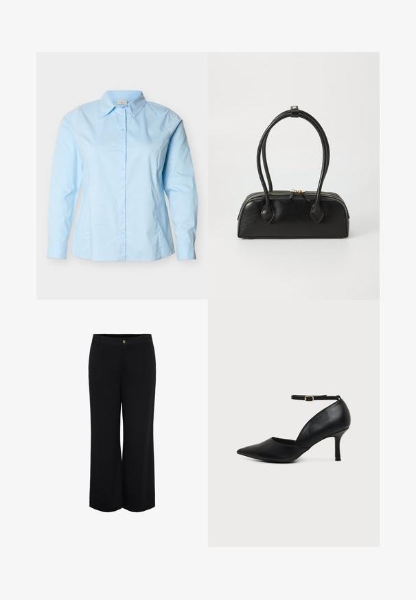 Ανοιχτό μπλε πουκάμισο με μακριά μανίκια, κουμπωτό, με κλασικό γιακά, εφαρμοστή γραμμή και ορατές ραφές στα πλάγια και τα μανίκια.; Μαύρο παντελόνι φαρδιάς γραμμής με κουμπί μπροστά και θηλιές για ζώνη, σχεδιασμένο για άνετη, χαλαρή εφαρμογή.; Μαύρο δερμάτινο παπούτσι με μυτερή μύτη, χαμηλό τακούνι kitten, λουράκι στον αστράγαλο και χρυσή αγκράφα σε ουδέτερο φόντο.; Μαύρη δερμάτινη τσάντα χειρός με δύο επιμήκεις λαβές, φερμουάρ, και στρογγυλή σιλουέτα; λεία υφή με διακριτή γυαλιστερή φινίρισμα.
