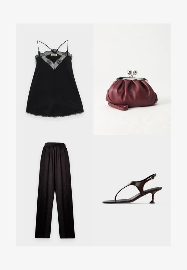 Camisole noire avec des bretelles réglables, dotée d'un décolleté en dentelle plongeant et de bords festonnés. Tissu lisse avec un léger éclat.; Pantalons larges noirs avec taille élastique et texture léopard subtile, présentant un cordon de serrage à l'avant.; Sandale slingback en cuir verni marron foncé avec petit talon et bride entre les orteils sur fond blanc.; Petit sac pochette en cuir bordeaux avec fermoir métallique argenté et bracelet sur fond blanc.
