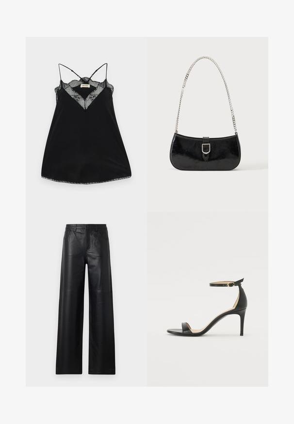 Camisole noire avec des bretelles réglables, dotée d'un décolleté en dentelle plongeant et de bords festonnés. Tissu lisse avec un léger éclat.; Pantalons en cuir noir à jambes larges avec une texture lisse, dotés de poches avant, d'une fermeture par bouton et de détails de couture subtils.; Sandale à talons hauts en cuir noir avec une lanière de cheville. Présente une texture lisse, un bout ouvert et un talon fin. Détail de boucle en ton doré.; Sac à épaule en cuir verni noir avec détail de boucle argentée et bandoulière en chaîne argentée, présenté sur un fond uni clair.