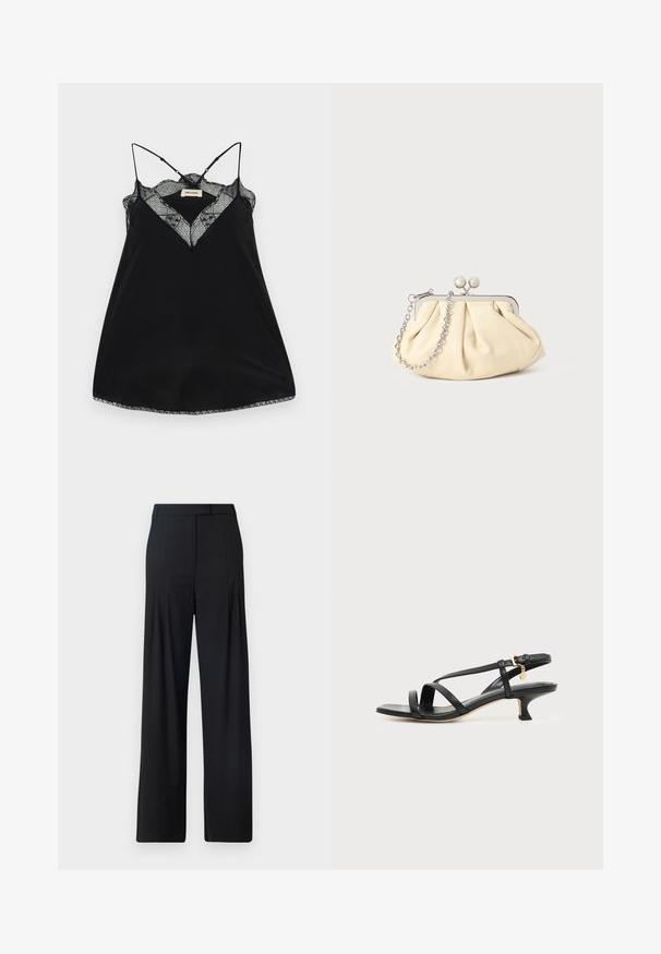 Camisole noire avec des bretelles réglables, dotée d'un décolleté en dentelle plongeant et de bords festonnés. Tissu lisse avec un léger éclat.; Pantalons larges noirs avec un devant plat, des plis et une taille ajustée. Fabriqués en tissu lisse et léger.; Sandale noire en cuir à brides fines, talon bas kitten, boucle à la cheville et petit pendentif doré sur fond clair uni.; Pochette en cuir beige plissé avec un cadre en métal argenté, dotée de deux fermoirs ronds décoratifs et d'une chaîne en argent.