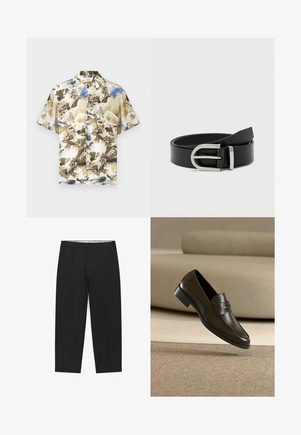 Chemise à manches courtes boutonnée avec un motif abstrait beige, marron, blanc et bleu, col et boutons à l'avant sur fond uni.; Pantalon noir à jambes droites avec passants pour ceinture, fermeture à boutons et zip à l'avant, et poches latérales, posé à plat sur un fond blanc.; Mocassin en cuir noir flottant au-dessus d'un tapis beige avec un canapé beige en arrière-plan, mettant en valeur le design classique pour hommes sans lacets.; Ceinture en cuir noir avec une texture lisse, dotée d'une boucle en métal argenté et d'une forme rectangulaire classique.