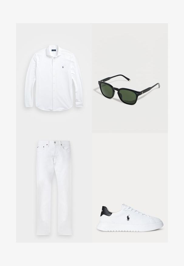 Weißes Langarm-Hemd mit Knopfleiste, aus Baumwolle gefertigt. Verfügt über einen klassischen Kragen, reguläre Passform und ein kleines blaues Logo auf der Brust.; Weiße Slim-Fit-Jeans mit fünf Taschen, Knopfverschluss und Gürtelschlaufen, flach auf weißem Hintergrund dargestellt.; Weißer Sneaker mit niedrigem Schaft, schwarzer Fersenlasche und schwarzem Polo Ralph Lauren-Logo an der Seite, mit weißen Schnürsenkeln und dicker weißer Sohle.; Schwarze rechteckige Sonnenbrille mit dunkelgrünen Gläsern und einem kleinen Polo-Logo am Bügel, auf weißem Hintergrund platziert.