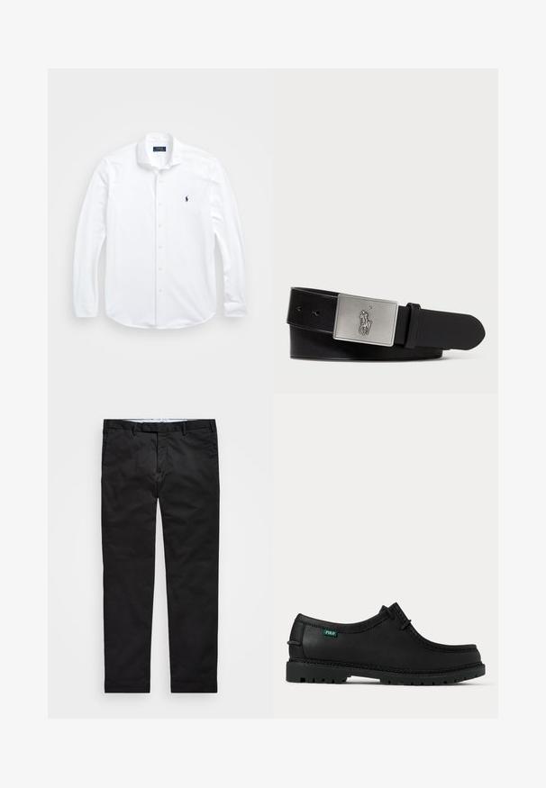 Hvid langærmet skjorte med knapper lavet af bomuld. Har en klassisk krave, regular fit og et lille marineblåt logo på brystet.; Sorte chinos med lige ben, lavet af en bomuldsblandingsstof, med lynlås i gylpen, bæltestropper og sidelommer. Glat tekstur.; Sort læder snøresko til hverdagsbrug med tyk mønstret sål og lille grøn "Polo" mærkat på siden nær hælen.; Sort læderbælte med en rektangulær sølvmetalspænde med et præget hestebuddy-logo, glat tekstur og fem hul til spænde.