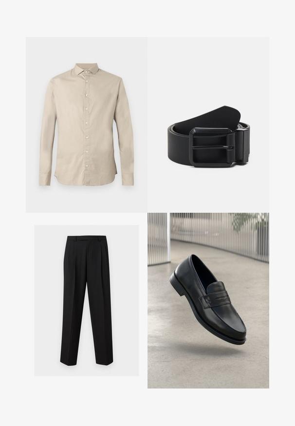Chemise beige à manches longues en coton, coupe droite, col à boutons et fermeture boutonnée à l'avant. Texture lisse sans motifs.; Pantalon noir sur mesure avec jambes droites, plis à la taille, passants de ceinture et poches latérales fendues, présenté sur un fond uni.; Mocassin en cuir noir à texture lisse, bout pointu et bande décorative sur le cou-de-pied. Semelle légère, design minimaliste.; Ceinture en cuir noir avec une boucle en métal noir mat, présentant une surface plate et lisse et une extrémité effilée. Design simple sans embellissements.
