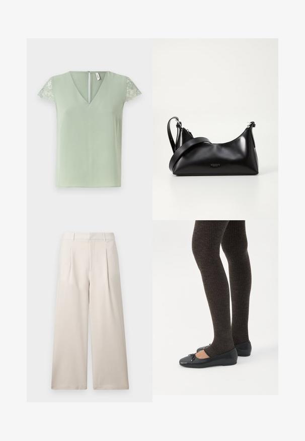 Blouse vert clair avec un décolleté en V et de courtes manches en dentelle, dotée d'une petite ouverture à l'arrière et d'une texture de tissu lisse.; ONLY ONLLANDO PLEAT CULOTTE PANT - Pantalon classique - pumice stone; Jambes portant des leggings côtelés foncés associés à des ballerines noires avec de petits détails en nœud sur fond blanc.; Sac à main en cuir noir avec une texture lisse. Dispose d'une bandoulière adjustable et d'un design élégant et minimaliste avec une fermeture éclair.