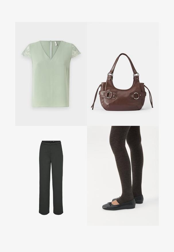 Lichtgroene blouse met V-hals en korte kanten mouwen, voorzien van een kleine opening aan de achterkant en een gladde stoftextuur.; Donkergroene wijde broek van soepel materiaal. Voorzien van een tailleband met riemlussen, zijzakken en een rechte snit.; Benen met donkere geribbelde leggings gecombineerd met zwarte ballerina's met kleine strikdetails op een witte achtergrond.; Bruine leren handtas met ronde vorm, zilveren hardware, twee zijriemen en een gladde textuur. Beschikt over een enkele handgreep aan de bovenkant.