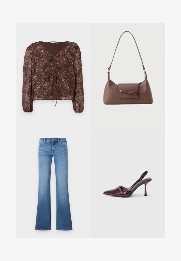 Blouse marron à motif avec des manches longues élastiques, encolure en V et détail de nœud à l'avant. Présente des motifs floraux et paisley dans des couleurs douces.; Jean flare bleu clair en denim. Comprend un design à cinq poches, une fermeture par bouton métallique et un léger délavage près des genoux.; Escarpin slingback en cuir verni bordeaux avec bout pointu, fine bride à la cheville et petit détail décoratif de boucle. Texture lisse et talon haut.; Sac à bandoulière en cuir marron avec une poche à rabat avant ornée d'un détail en forme de nœud cousu et une sangle réglable.