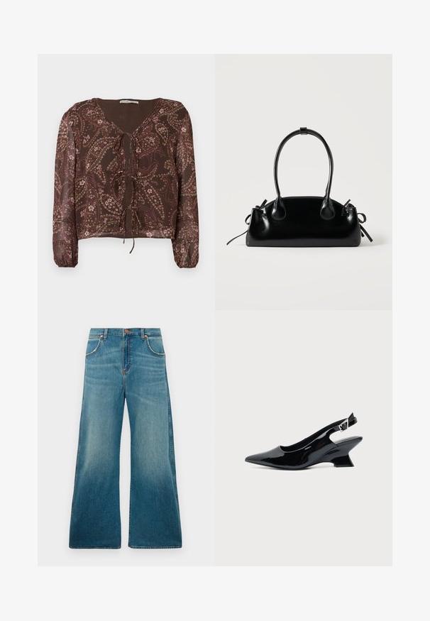 Blouse marron à motif avec des manches longues élastiques, encolure en V et détail de nœud à l'avant. Présente des motifs floraux et paisley dans des couleurs douces.; Jeans en denim bleu taille haute avec jambes larges, poches avant, fermeture à bouton et dégradé de couleur usé allant de la taille à l'ourlet.; Chaussure slingback en cuir verni noir avec bout pointu et petit talon bloc incliné sur fond clair uni.; Petit sac à main noir brillant avec deux longues anses et des détails à cordon sur les côtés sur un fond clair uni.