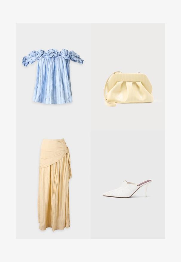 Blouse à rayures verticales bleues et blanches, épaules dénudées, avec col et manches à volants, étalée à plat sur fond blanc.; Longue jupe beige avec tissu froncé et détail de nœud torsadé sur le côté droit, présentée sur un fond uni.; Mules blanches à bout pointu, texture plissée sur le dessus, et talon stiletto fin. Surface lisse et design minimaliste.; Pochette en cuir couleur crème avec un cadre supérieur structuré et une lanière pour poignet, présentée sur un fond clair uni.
