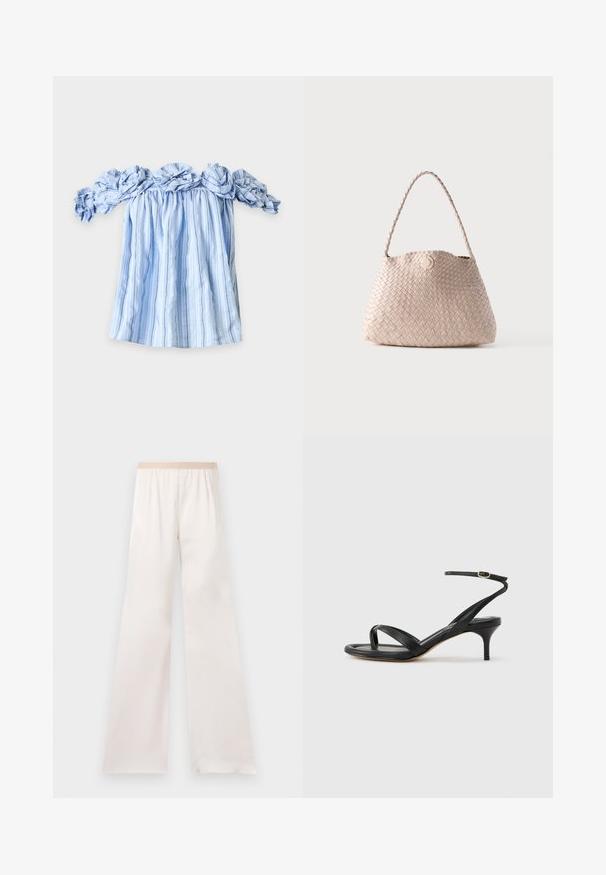 Blouse à rayures verticales bleues et blanches, épaules dénudées, avec col et manches à volants, étalée à plat sur fond blanc.; Pantalon ample couleur crème à taille haute avec une ceinture élastique beige, présenté sur un fond clair uni.; Sandale pour femme en cuir noir avec fines lanières, une boucle d'orteil, une boucle à la cheville et un talon aiguille de hauteur moyenne sur un fond neutre.; Sac d'épaule en cuir tissé beige avec une forme arrondie et une anse tressée, doté d'une petite fermeture à bouton en cuir circulaire.