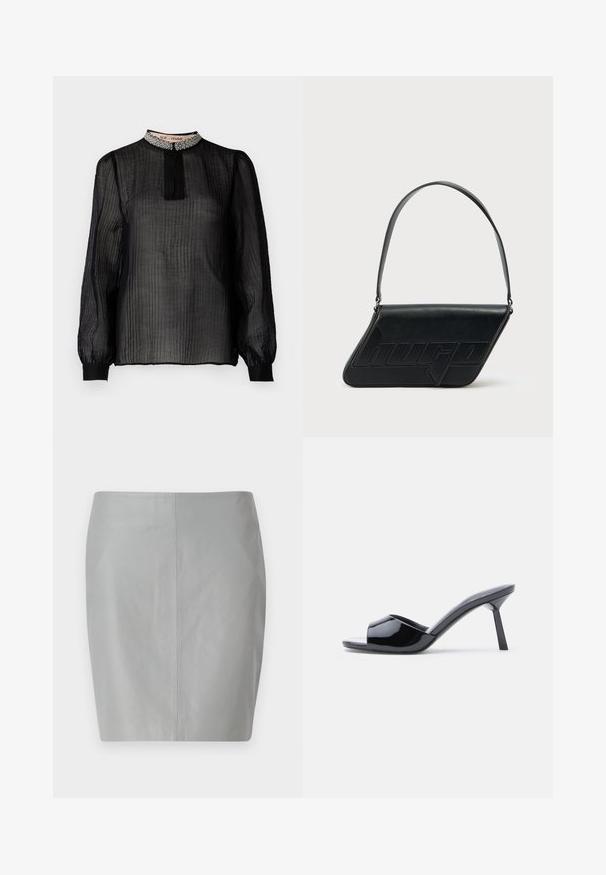 Musta, läpinäkyvä pitkähihaisa blouse, jossa on poimutettu muotoilu, korkea kaulus, joka on koristeltu helmiäisillä, ja elastiset hihansuut.; Harmaa nahkainen kynähame, jossa on sileä pinta, yksinkertainen muotoilu ja pystysuora sauma keskellä takana.; Musta kiiltävä patenttinahasta valmistettu avokärkinen korkokenkä, jossa on käyrä yläosa ja kapeneva piikkikorko. Sileä kiiltävä pinta.; Musta nahkainen olkalaukku, jonka muoto on kolmionmuotoinen, siinä on kohokuvioitu logo ja yksi säädettävä hihna. Minimalistinen muotoilu ja sileä pinta.