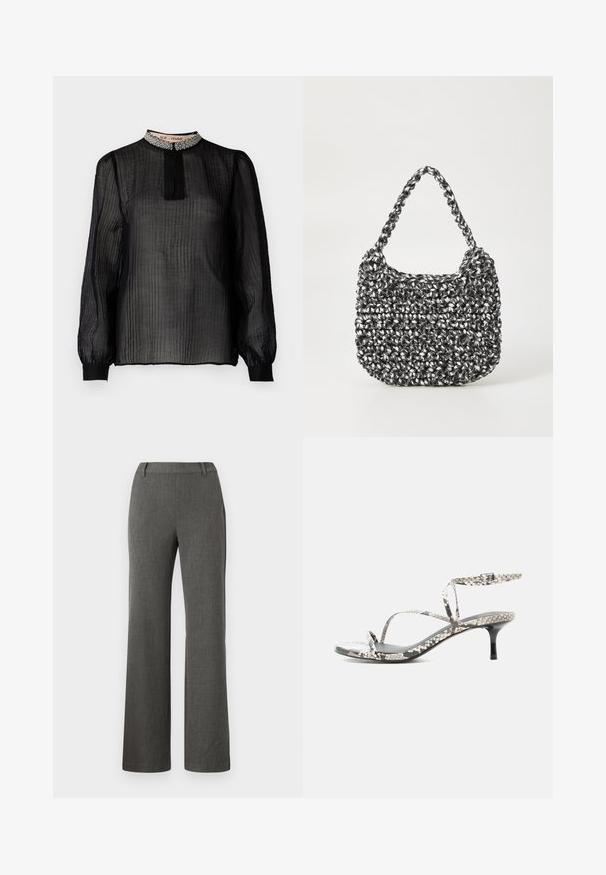 Musta, läpinäkyvä pitkähihaisa blouse, jossa on poimutettu muotoilu, korkea kaulus, joka on koristeltu helmiäisillä, ja elastiset hihansuut.; Harmaat suoralahkeiset housut, joissa on teksturoitu kangas, litteä etuosa, vyölenkit ja sivutaskut. Minimalistinen muotoilu ja siisti viimeistely.; Ohut remmillinen korkokengän sandaali, jossa on käärmeennahkakuosi, nilkkahihna ja solki sekä ohut musta korko valkoisella taustalla.; Kudottu käsilaukku mustavalkoisena, pyöreällä muotoilulla, tekstuuripinnalla ja pitkillä punottu kahvalla. Sopii arkikäyttöön.