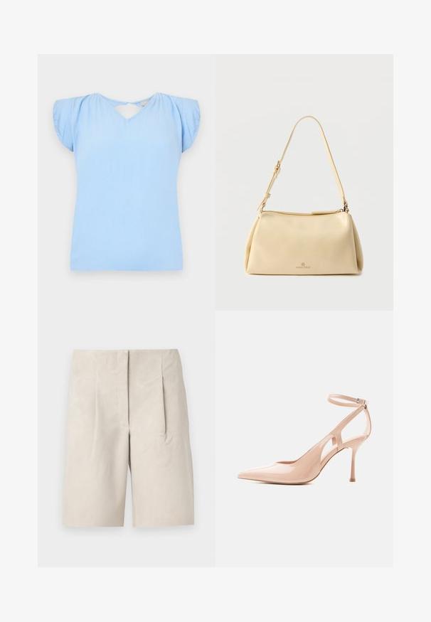 Top de manga corta azul claro con escote en V y detalle de corte en la espalda. Confeccionado en tejido texturizado con mangas ligeramente abullonadas. Corte regular.; Pantalones cortos de ante beige con un corte relajado, que presentan dos pliegues delanteros y un diseño de cinturilla limpio. Textura suave, con una longitud a medio muslo.; Zapato de tacón stiletto de charol color nude con puntera puntiaguda, lados recortados y correa ajustable en el tobillo con hebilla.; Bolso de hombro beige rectangular con correa ajustable y cierre de cremallera, con un pequeño logo "Anna Field" en el centro frontal.