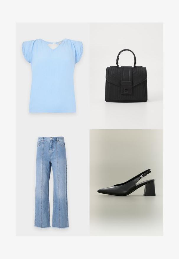 Lichtblauw T-shirt met korte mouwen, een V-hals en een uitsnijding op de rug. Gemaakt van een textuurstof met iets opgeblazen mouwen. Normale pasvorm.; Lichtblauwe denim wijdlopende jeans met een hoge taille, voornaad en onbewerkte zoom. Voorzien van een klassieke knoop- en ritsluiting in de taille.; Zwarte leren slingback schoen met puntige neus, zilveren gesp en dikke blokhak op een neutrale achtergrond.; Zwarte leren handtas met een gequiltte textuur, rechthoekige vorm, bovenhandvat en een voorflap met een zilverkleurige sluiting.