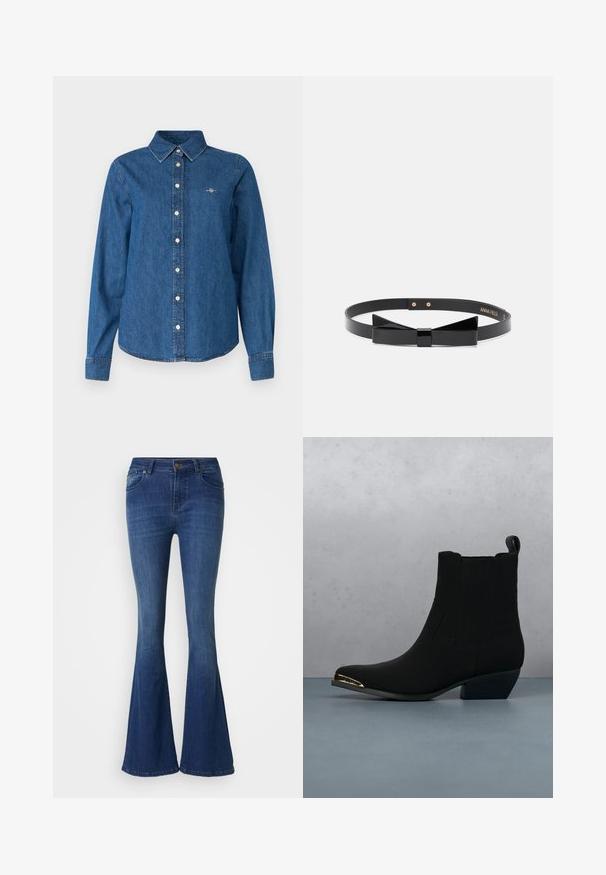 GANT REG - Skjortebluser - indigo; Vide, mørkeblå denimjeans med midt-højt talje, fem-lomme design og knaplukning foran. Glat tekstur, minimal falmning.; Sorte ankelstøvler med teksturerede sider, spidse tæer og en lav hæl. Har et guld accent med "GUESS" på hælen. Anbragt på en mønstret fliseoverflade.; Sort kunstlæderbælte med en glinsende sløjfedetalje foran, der har en glat tekstur og subtile detaljer i roseguld.
